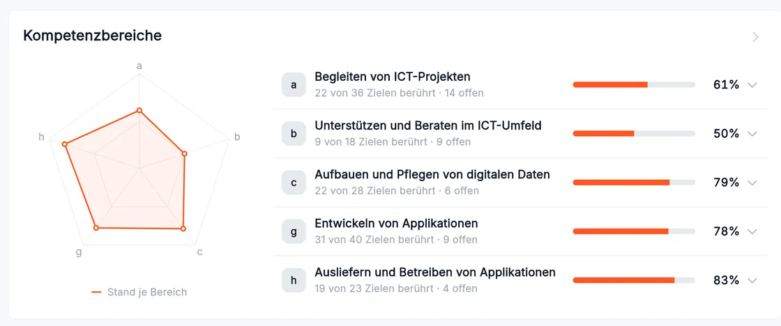 Kompetenz-Spinnennetz über die Handlungskompetenzbereiche
